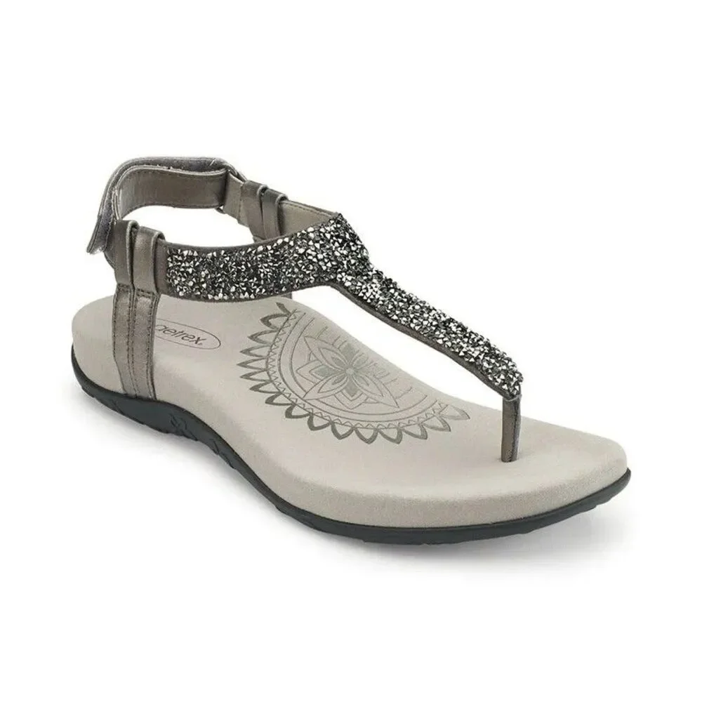 NEW Aetrex Womens Size 8.5 Gunmetal Leather Jade Sparkle Arch Support Sandals - Picture 1 of 9